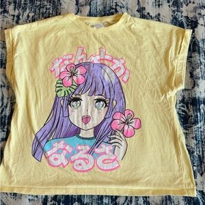 Zara Anime Graphic Yellow Pullover Rolled Sleeve Boxy Tee Top Girls Size 11-12